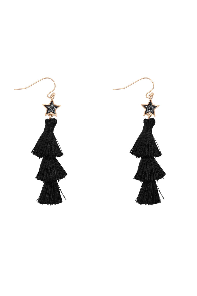 2“ STAR SHAPE FAUX DRUZY WITH TRIPLE MINI TASSEL HOOK EARRINGS