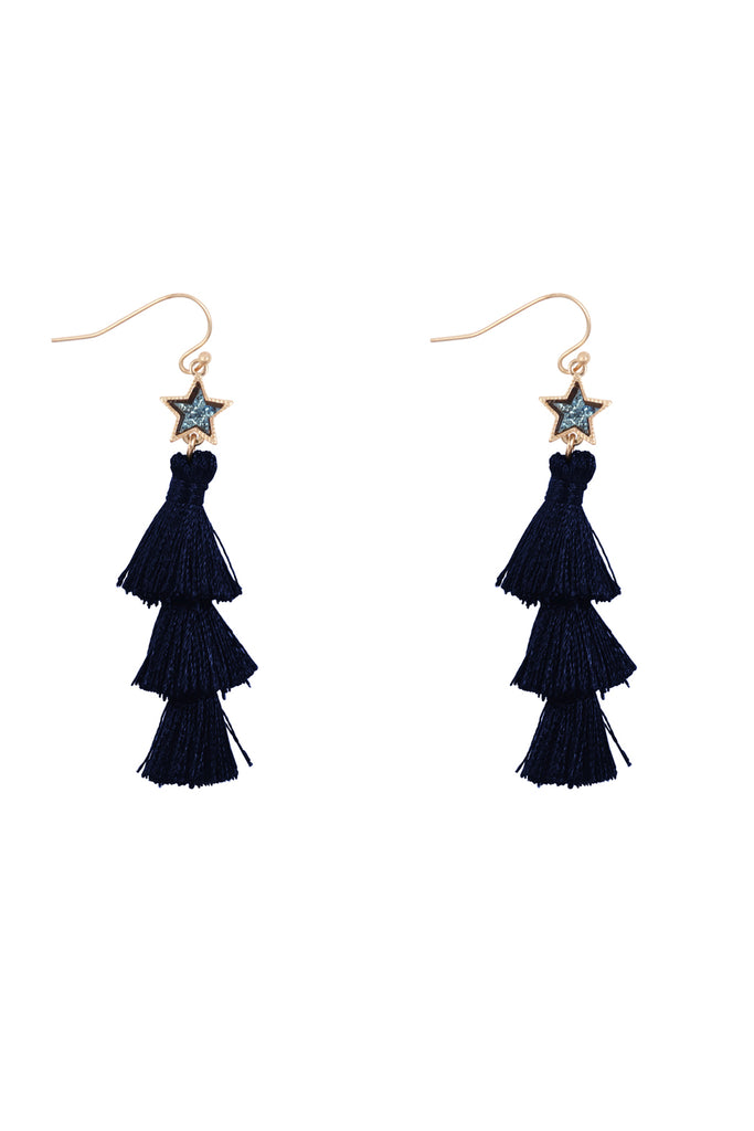 2“ STAR SHAPE FAUX DRUZY WITH TRIPLE MINI TASSEL HOOK EARRINGS