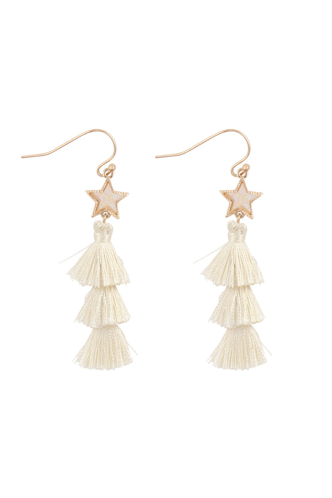 2“ STAR SHAPE FAUX DRUZY WITH TRIPLE MINI TASSEL HOOK EARRINGS