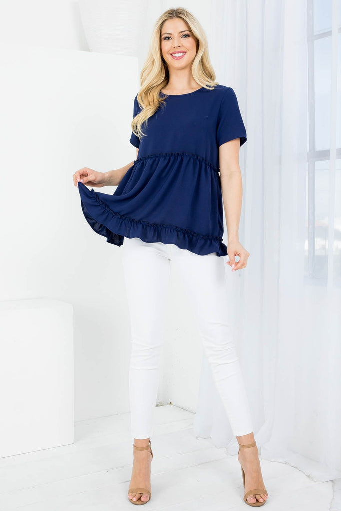 Solid Short Ruffle Hem Merrow Detail Top