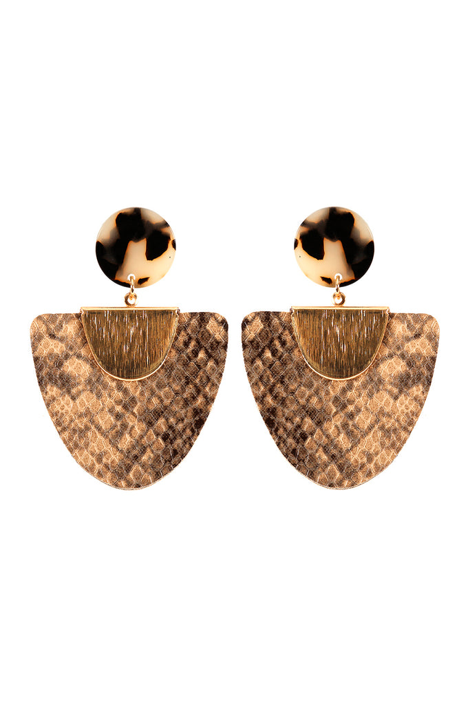 SNAKE SKIN FAN SHAPE LEATHER ACRYLIC POST EARRINGS