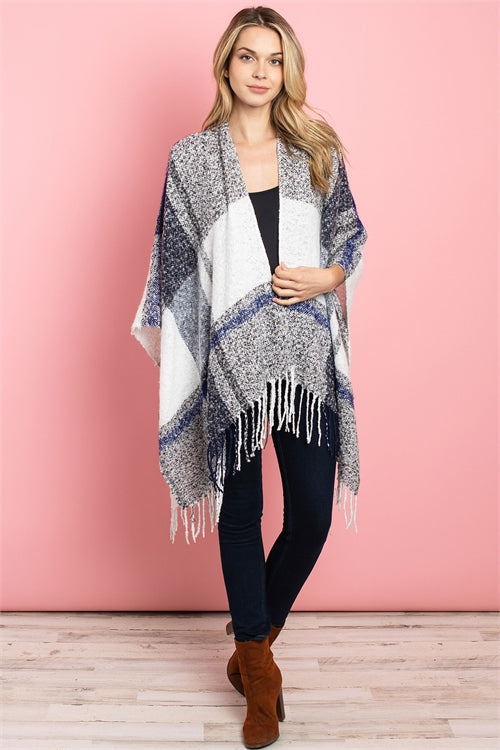 P4032 - BLACK NAVY PLAID SHAWL CAPE