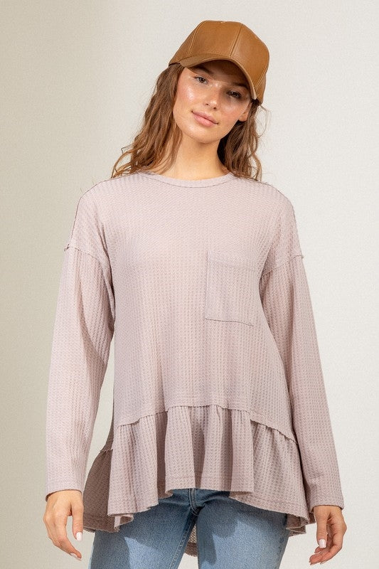 Waffle Knit Ruffle Hem Tunic Top