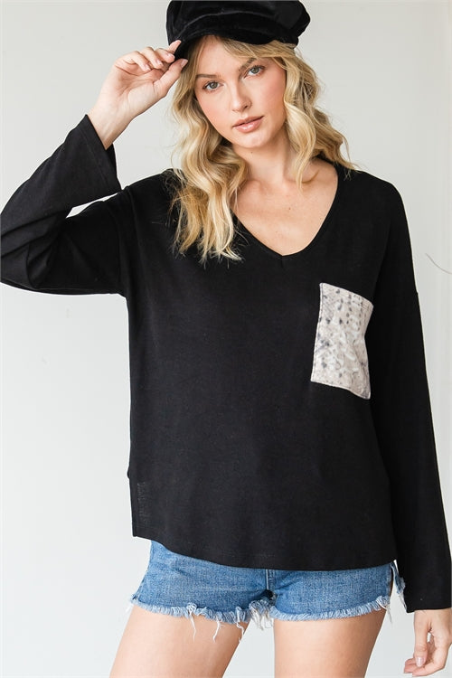 Leopard Pocket V-Neck Top