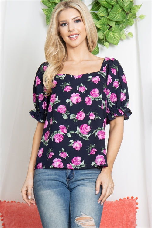 Rose Print Sweetheart Neckline