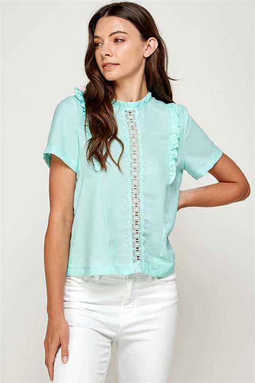 Ruffle Neckline Lace Detail Top