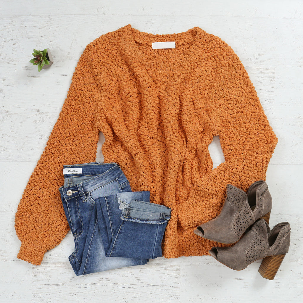 Popcorn Balloon Sleeve Pullover Sweater