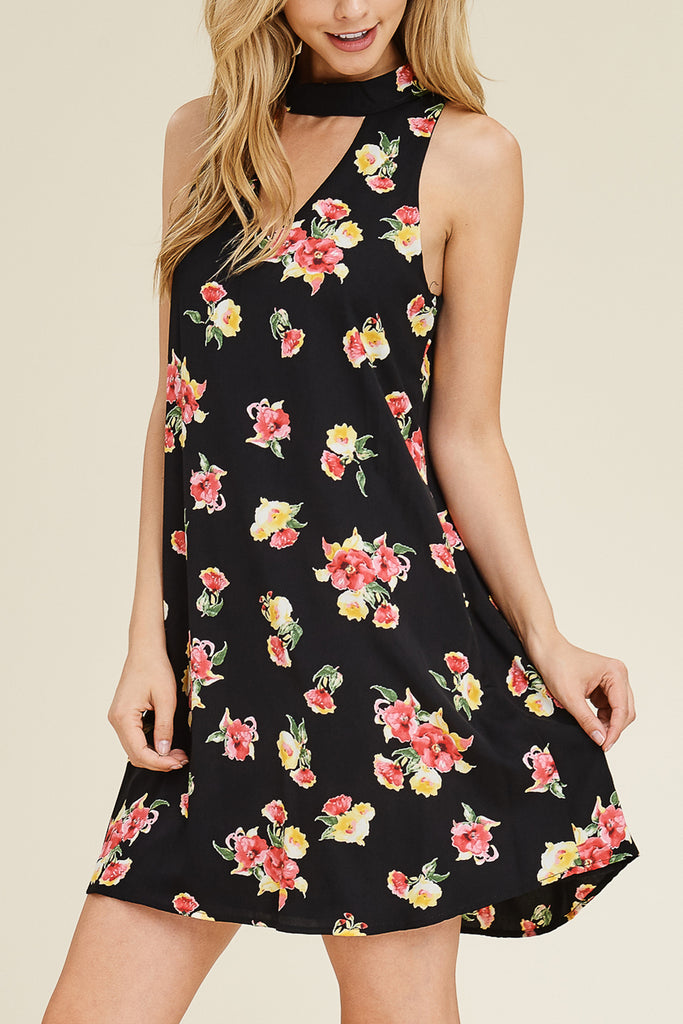 Sleeveless Floral Print Choker Neck Tunic Dress