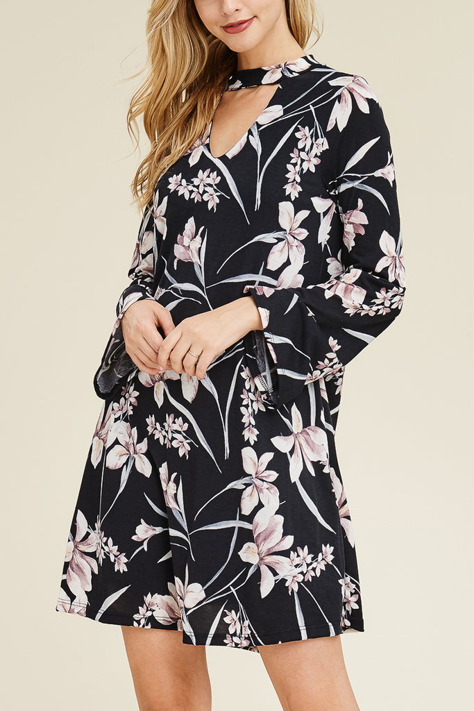 Long Sleeve Choker Neck Floral Tunic Dress