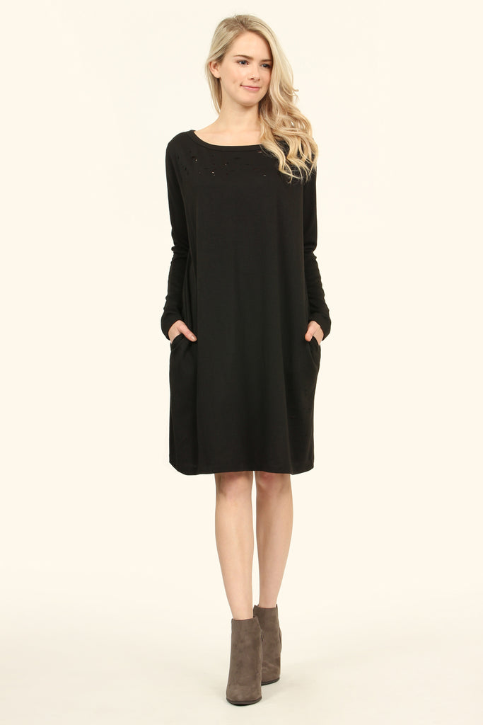 Long Sleeve Distressed Pocket Dress