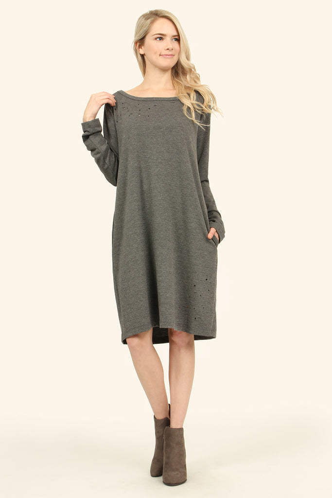 Long Sleeve Distressed Pocket Dress