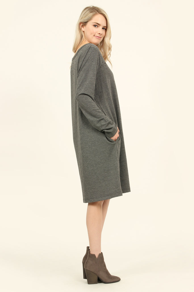 Long Sleeve Distressed Pocket Dress