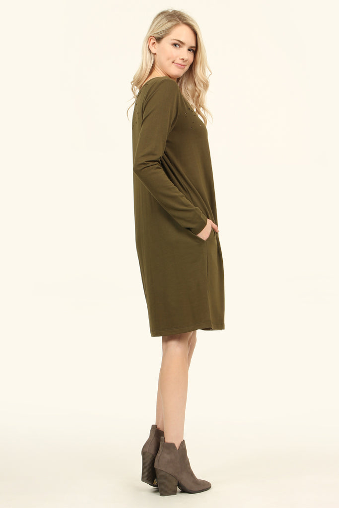 Long Sleeve Distressed Pocket Dress