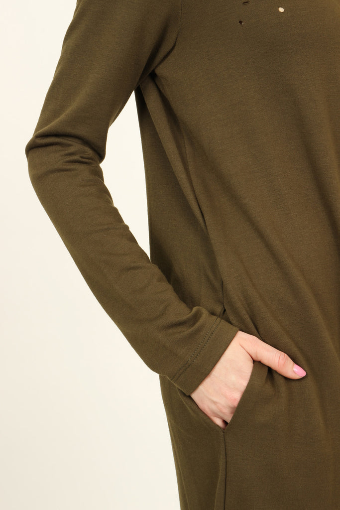 Long Sleeve Distressed Pocket Dress