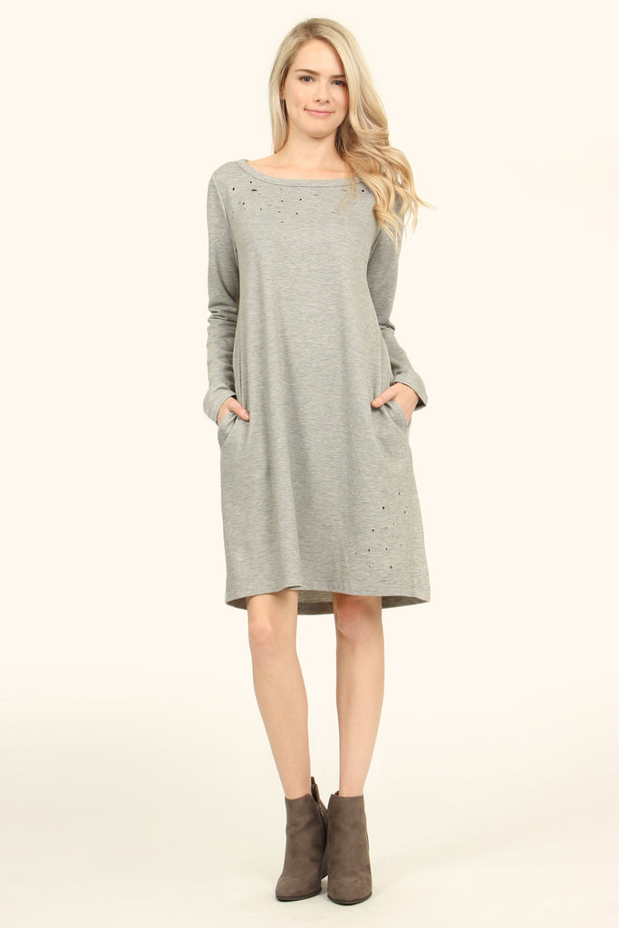 Long Sleeve Distressed Pocket Dress