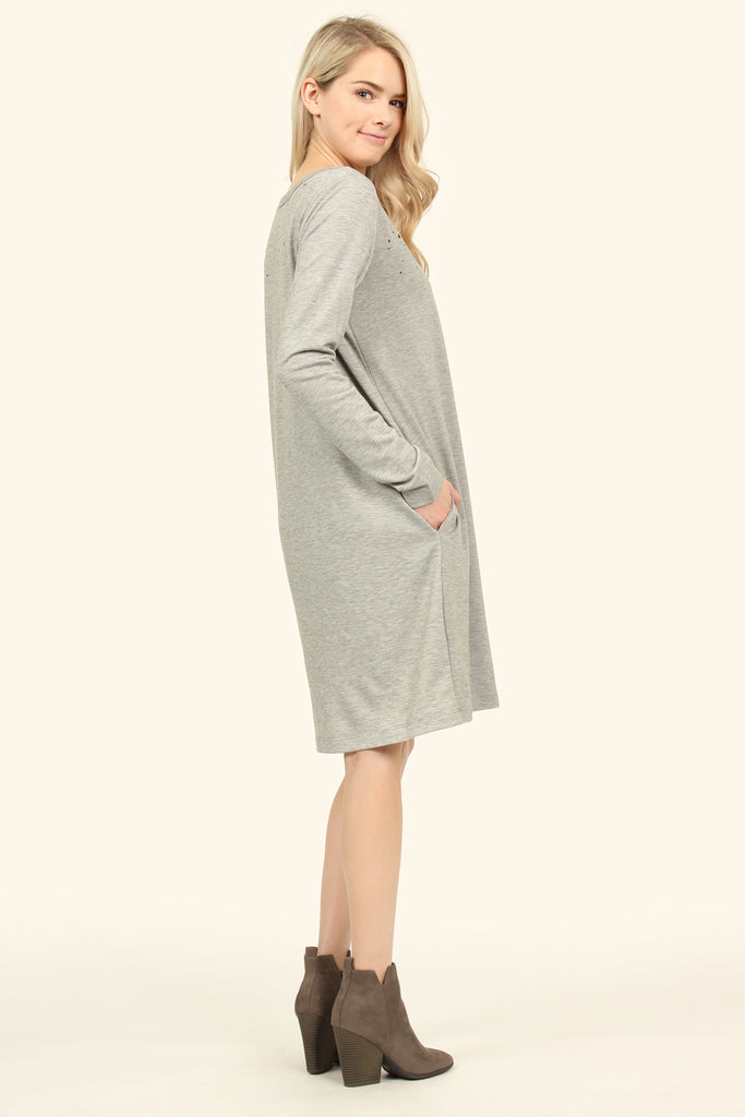 Long Sleeve Distressed Pocket Dress