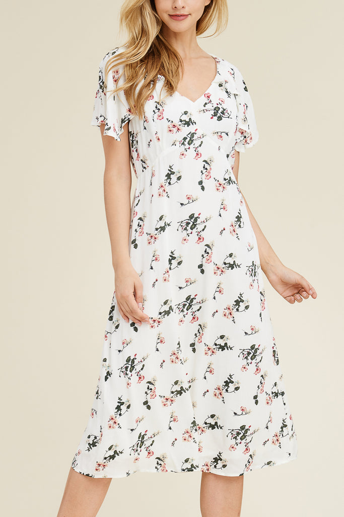 Short Ruffled Sleeve Floral Print Maxi Dress
