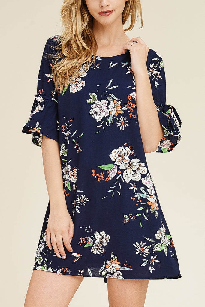 Floral Ruffle Sleeves Open Back Dress