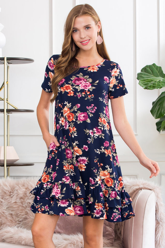 Short Sleeved Floral Midi Ruffled Dress