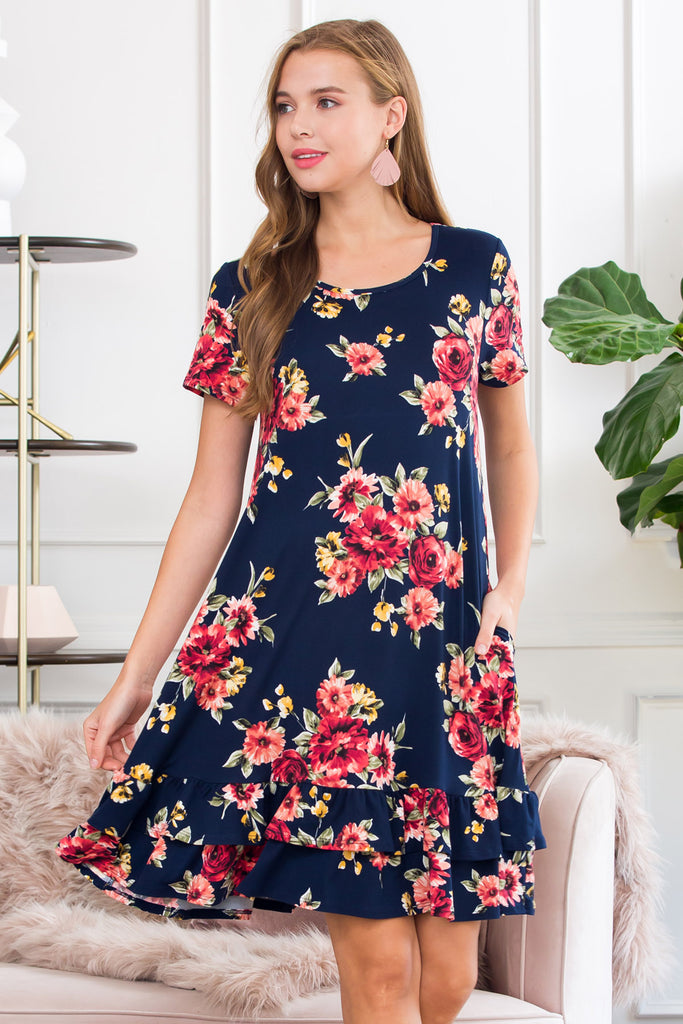 Short Sleeved Floral Ruffled Hem Dress