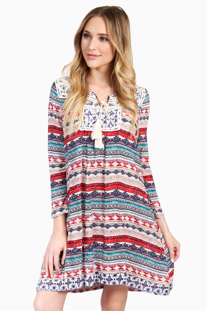 Tribal Print Tassel-Tie Swing Dress