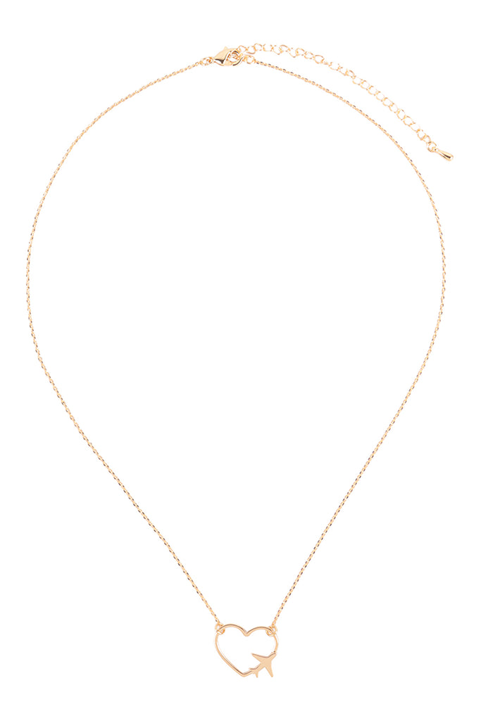 OPEN HEART W/ AIRPLANE ACCENT COLOR PENDANT BRASS NECKLACE