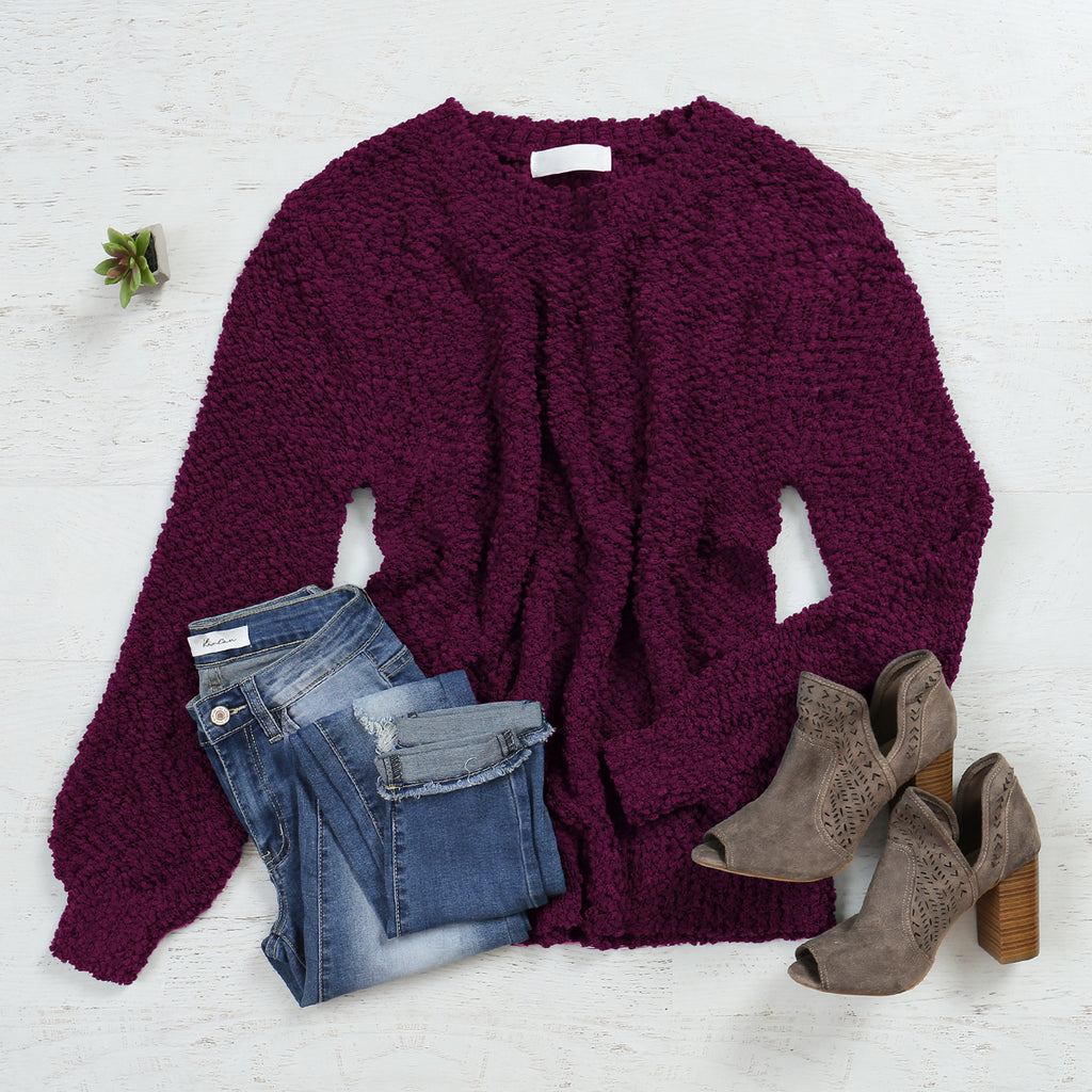Popcorn Balloon Sleeve Pullover Sweater