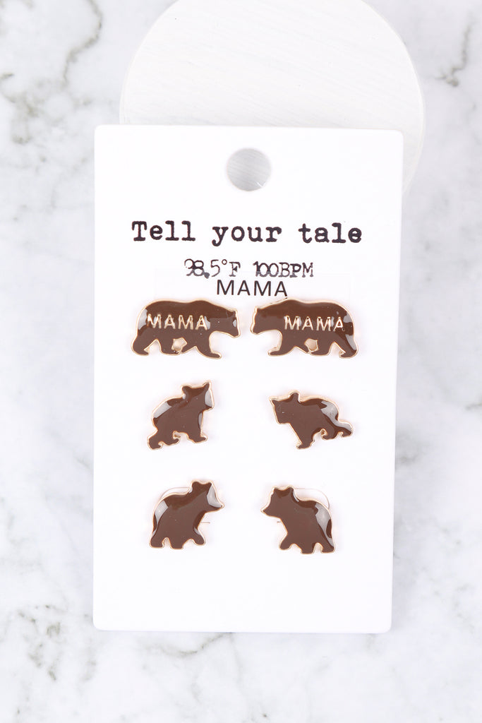 METAL EPOXY BEAR 3 PAIR POST EARRINGS