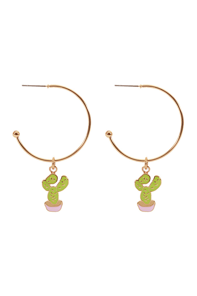 EE1087 - METAL EPOXY CACTUS HOOP ROUND EARRINGS