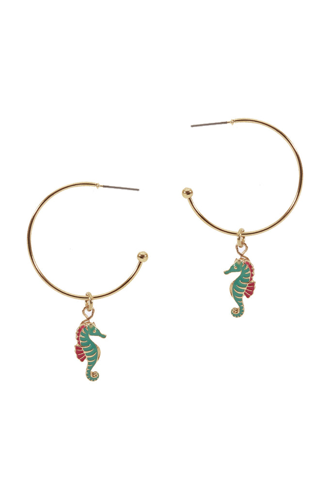 EE1091 - METAL EPOXY SEALIFE SEA HORSE HOOP ROUND EARRINGS