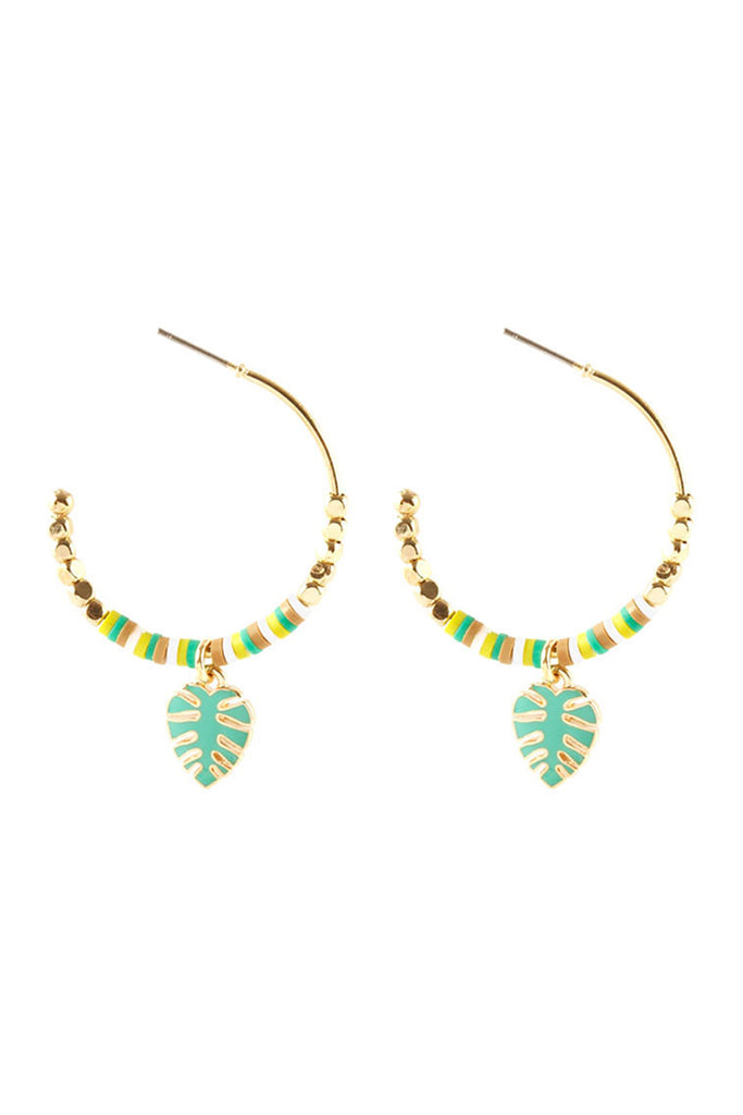 EE1385 - METAL FIMO TROPICAL LEAF HOOP EARRINGS