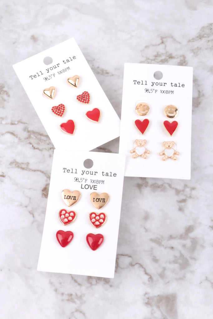 HEART EPOXY RHINESTONE TEDDY BEAR SMILEY 3 PAIR VALENTINE EARRINGS