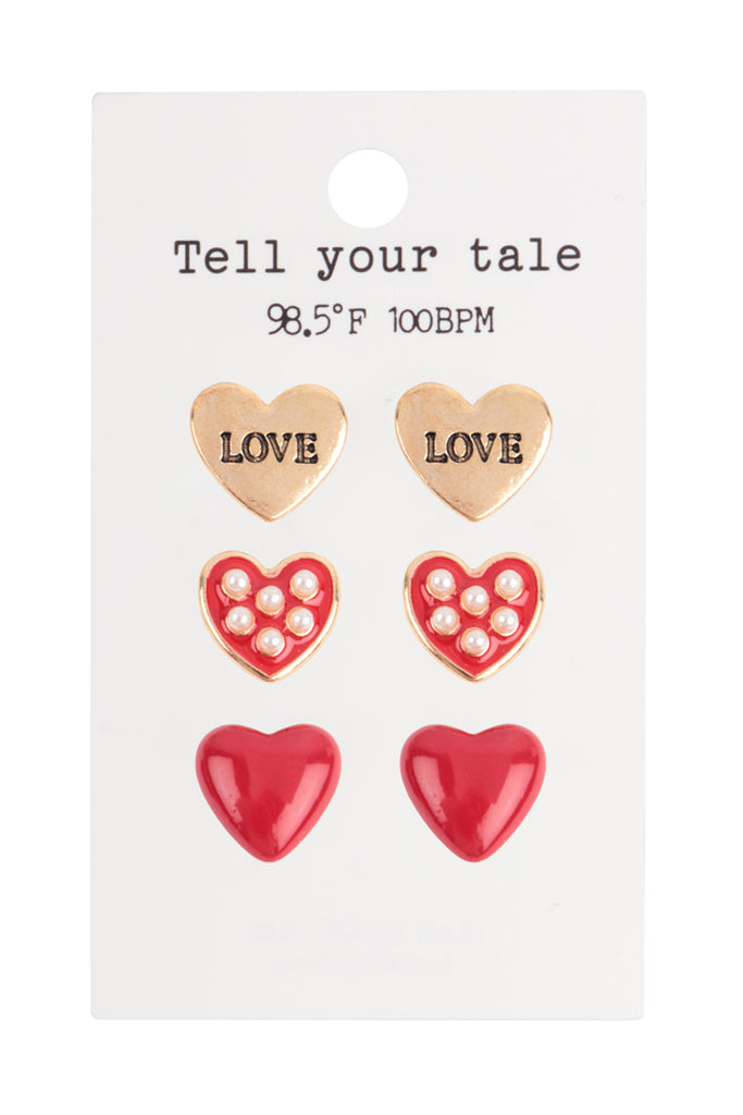 HEART EPOXY PEARL LOVE 3 PAIR VALENTINE EARRINGS