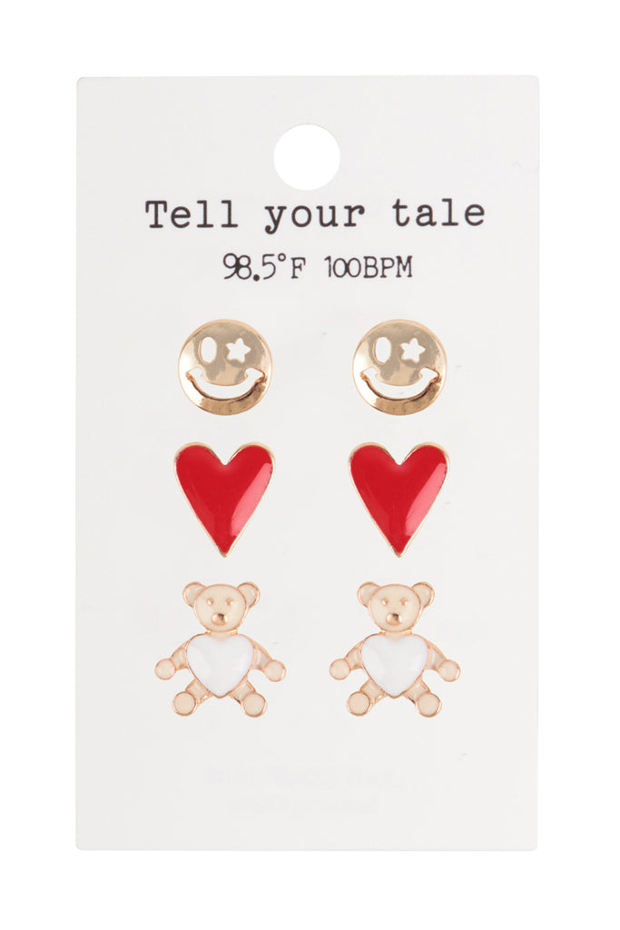 HEART EPOXY RHINESTONE TEDDY BEAR SMILEY 3 PAIR VALENTINE EARRINGS