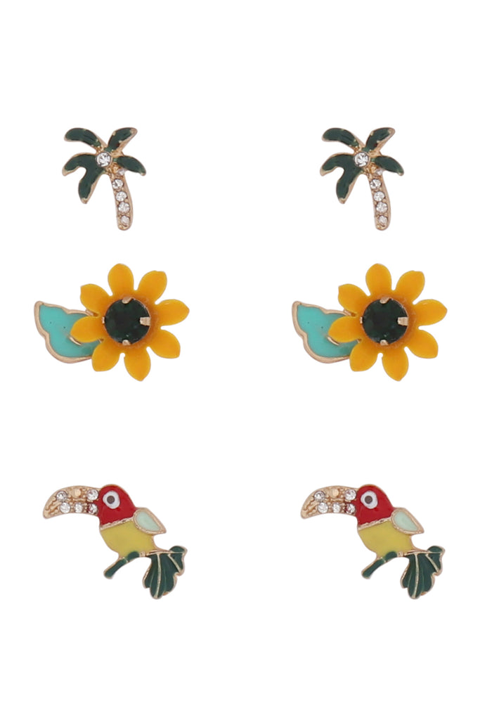 EEA001 - THREE-PAIR SET OF FLOWER BIRD STUD EARRINGS