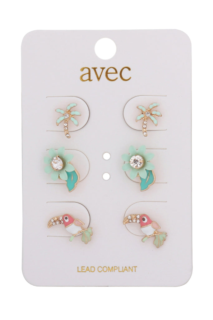 EEA001 - THREE-PAIR SET OF FLOWER BIRD STUD EARRINGS