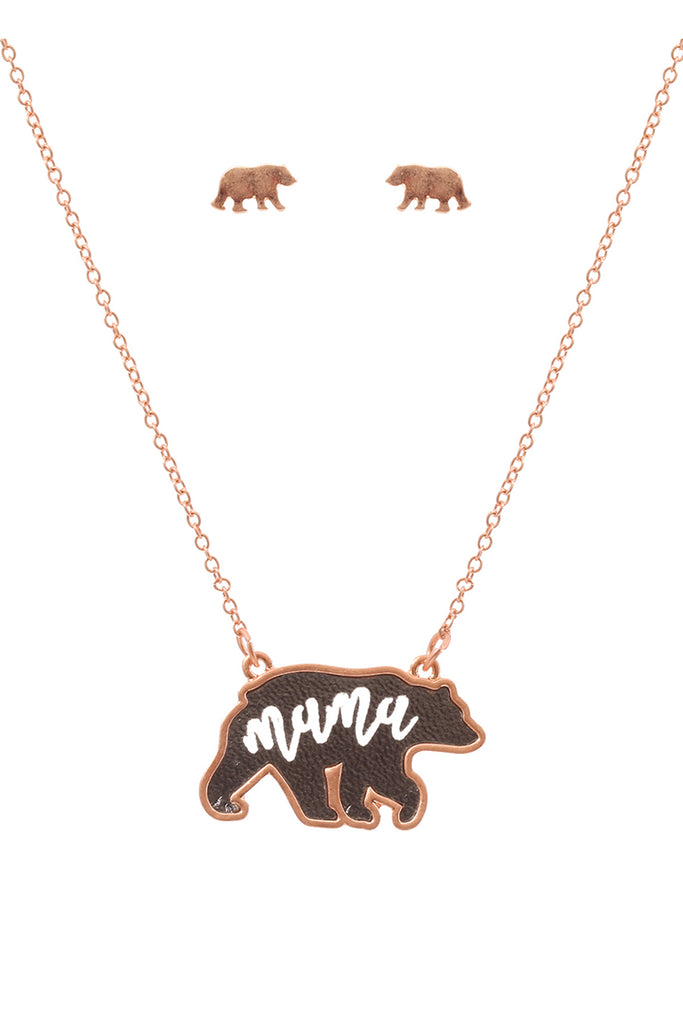 ES1637 - LEATHER BEAR METAL CHAIN PENDANT NECKLACE AND EARRING SET
