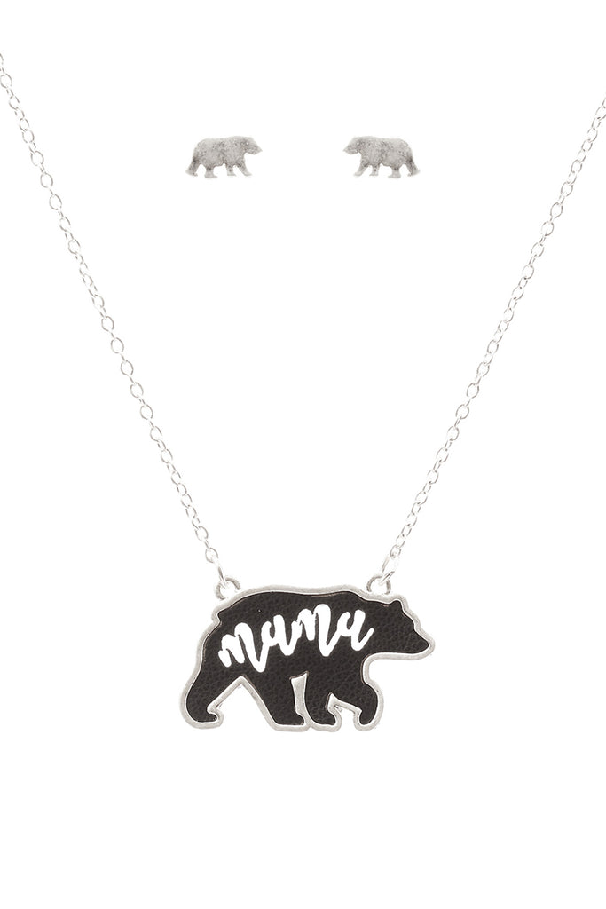 ES1637 - LEATHER BEAR METAL CHAIN PENDANT NECKLACE AND EARRING SET