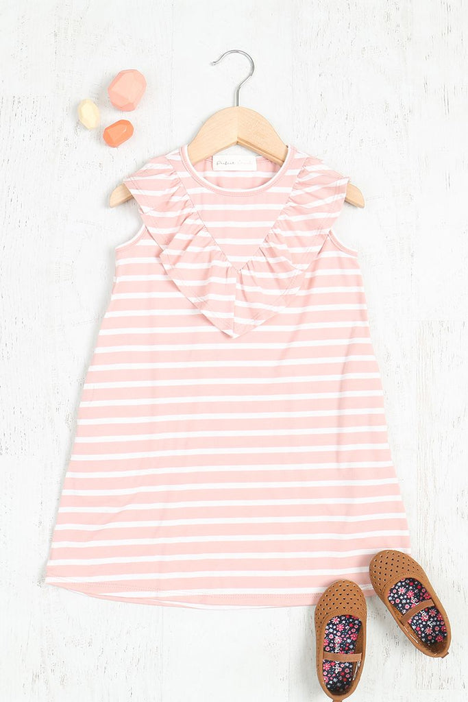 Kids V-Shape Ruffle Detail Stripes Sleeveless Dress