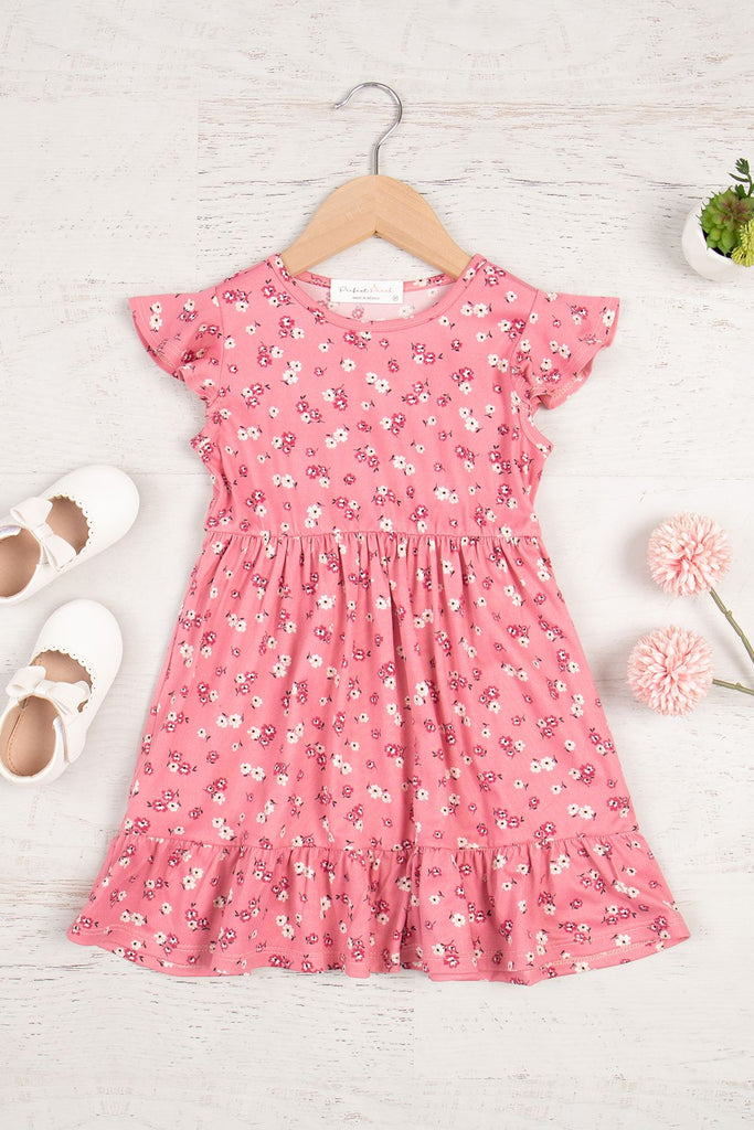 Kids Floral Ruffled Sleeve and Hem Dress