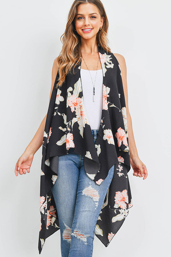 FSV30004BLK - HANDKERCHIEF FLORAL PRINT VEST CARDIGAN