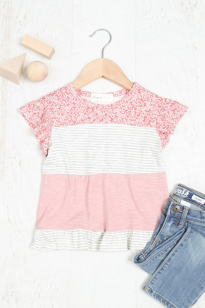 Kids Stripe Slub Contrast Floral Ornament Top