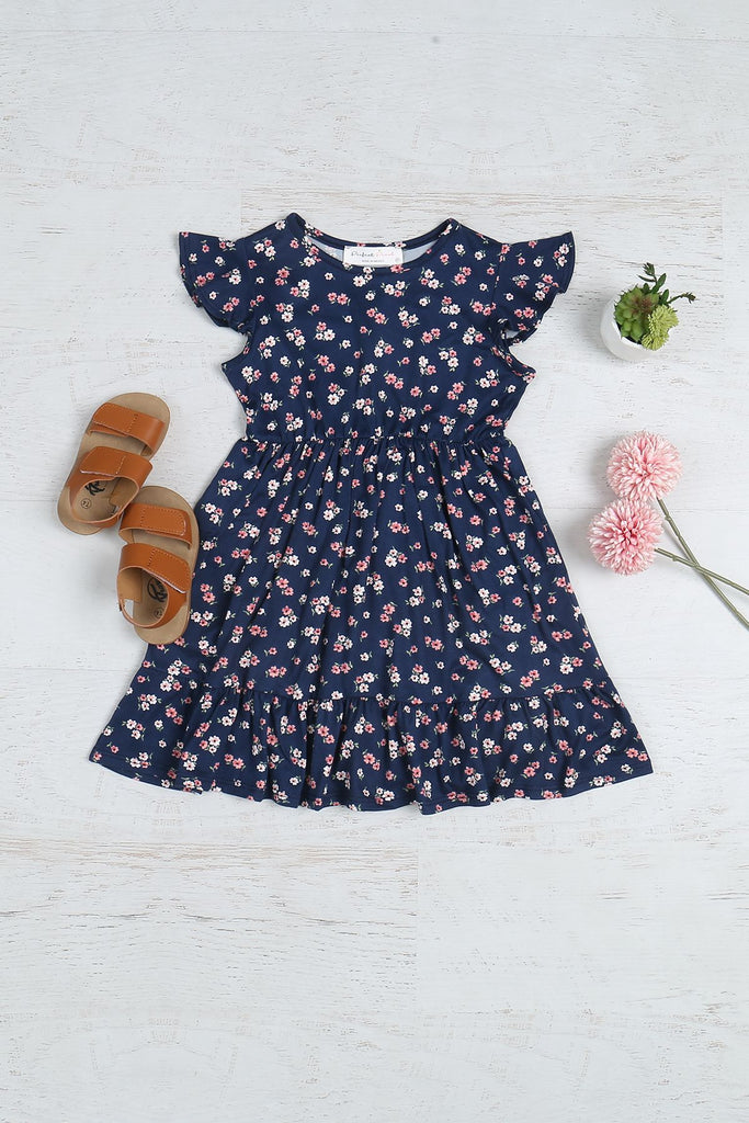 Kids Floral Ruffled Sleeve and Hem Dress