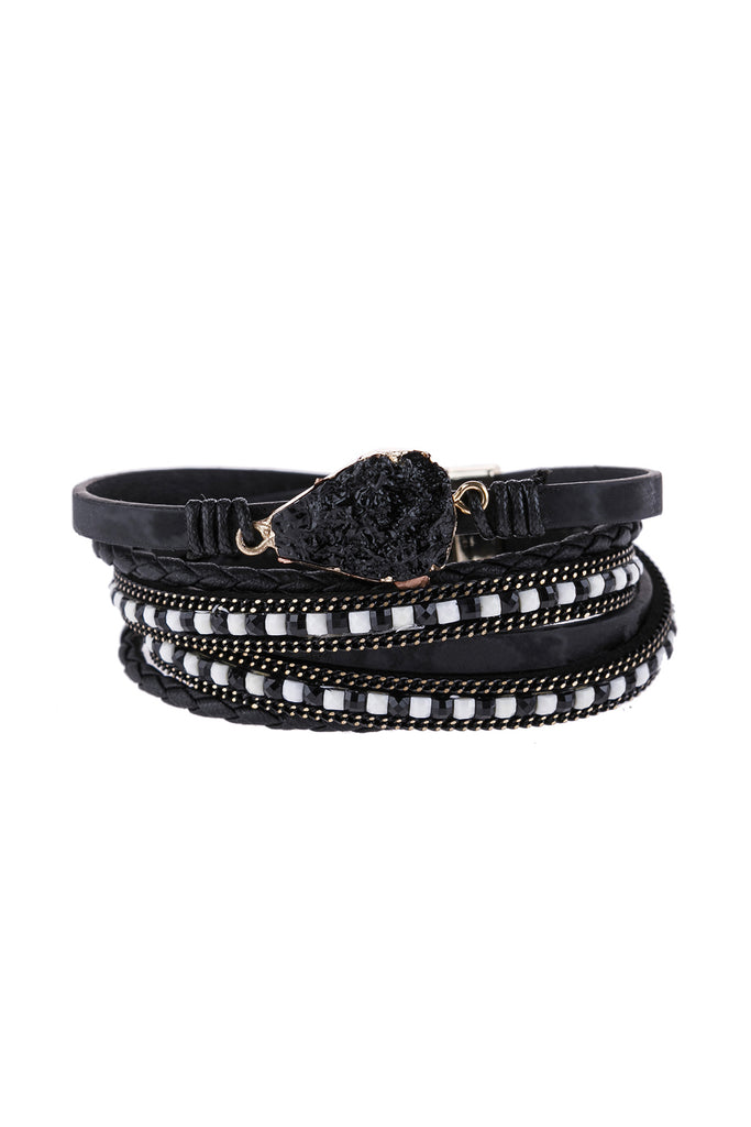 DRUZY STONE LEATHER WRAP MAGNETIC BRACELET