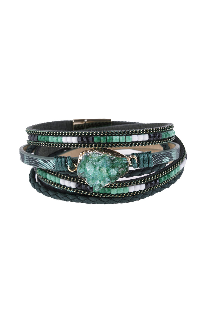 DRUZY STONE LEATHER WRAP MAGNETIC BRACELET