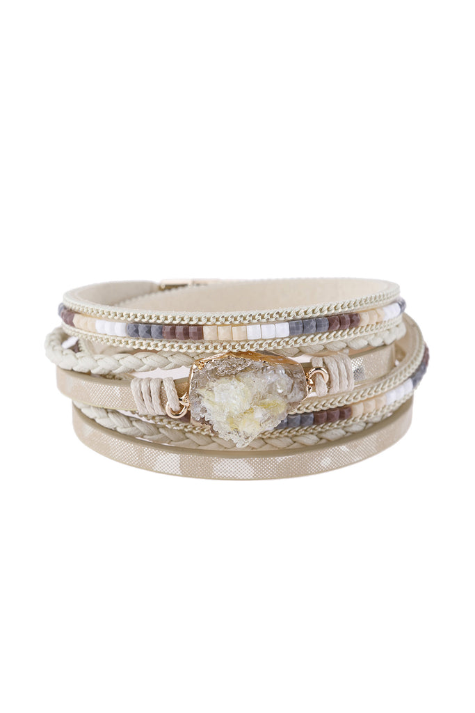 DRUZY STONE LEATHER WRAP MAGNETIC BRACELET