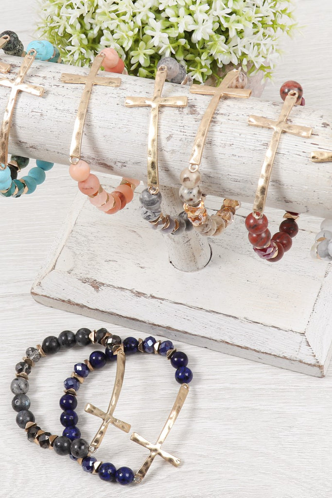 HDB2998 - MIX BEADS HAMMERED CROSS BRACELET