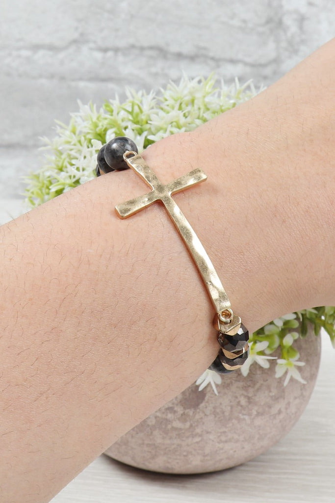 HDB2998 - MIX BEADS HAMMERED CROSS BRACELET