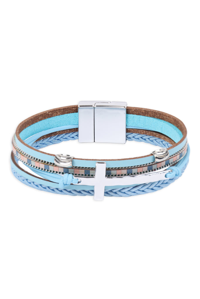 LEATHER WRAP WITH CROSS CHARM MAGNETIC LOCK BRACELET