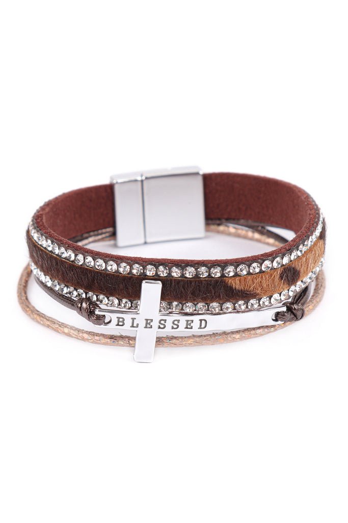 BLESSED INSPIRATIONAL LEATHER RHINESTONE MAGNETIC LOCK BRACELET